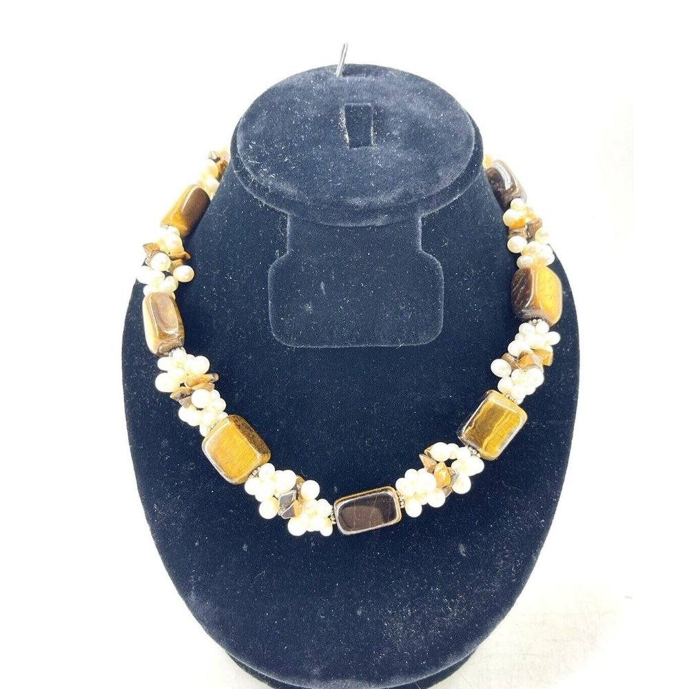Vintage Tiger's Eye Gemstone Cluster Pearls Beaded Necklace 16-18.5"